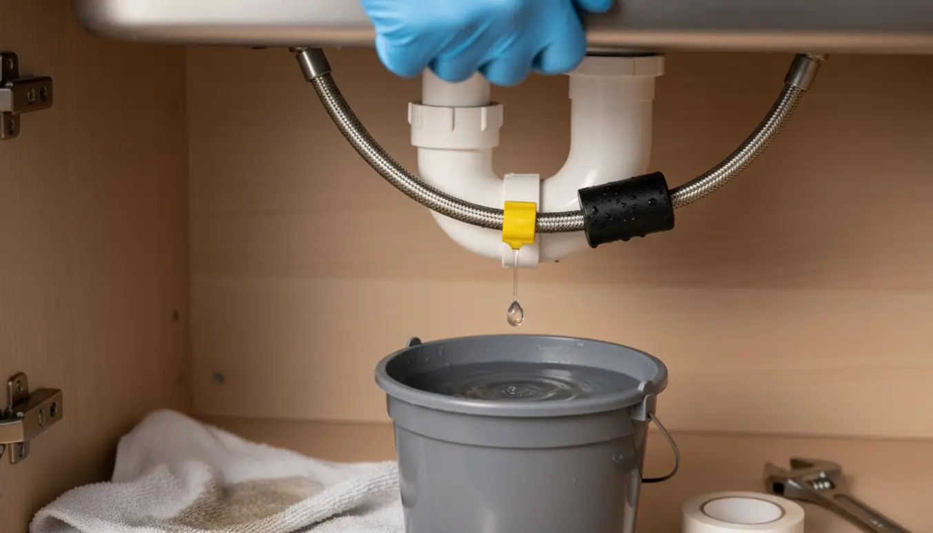 Læk ved køkkenvaskens vandlås med vand, våd metalslange og synlig sort vægt.