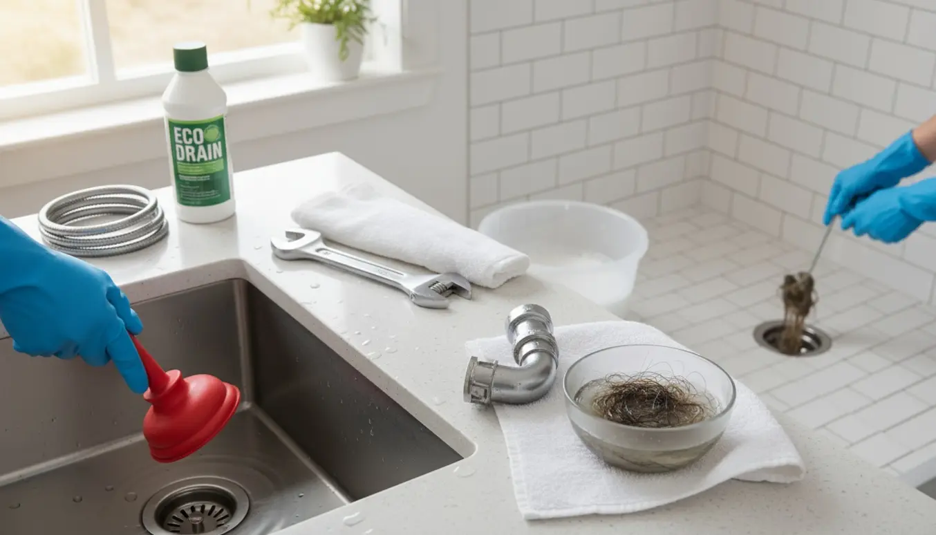 Handskerede hænder renser tilstoppet køkkenvask og brusebad med værktøj på bordet.