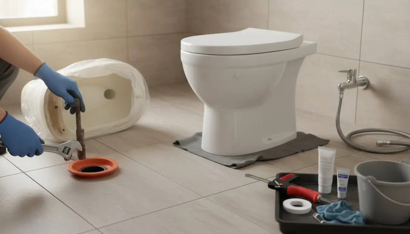 Hænder afmonterer et gammelt toilet ved gulvafløbet, mens et nyt hvidt gulvtoilet og værktøj med silikone ligger klar.