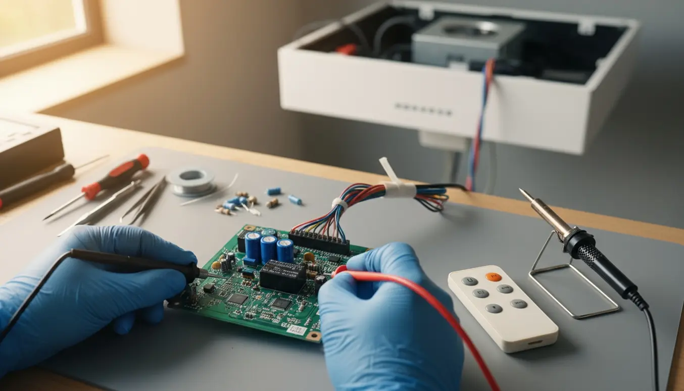 Tekniker tester et afmonteret styreprint fra en loftmonteret emhætte på et værkstedbord med værktøj.