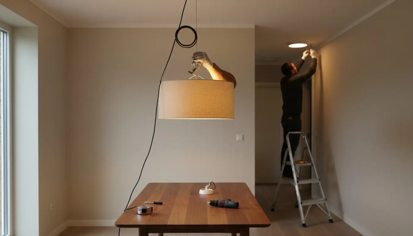 Montering af loftlampe over spisebord med krog i forgrunden og installation af plafondue i gangen i baggrunden.