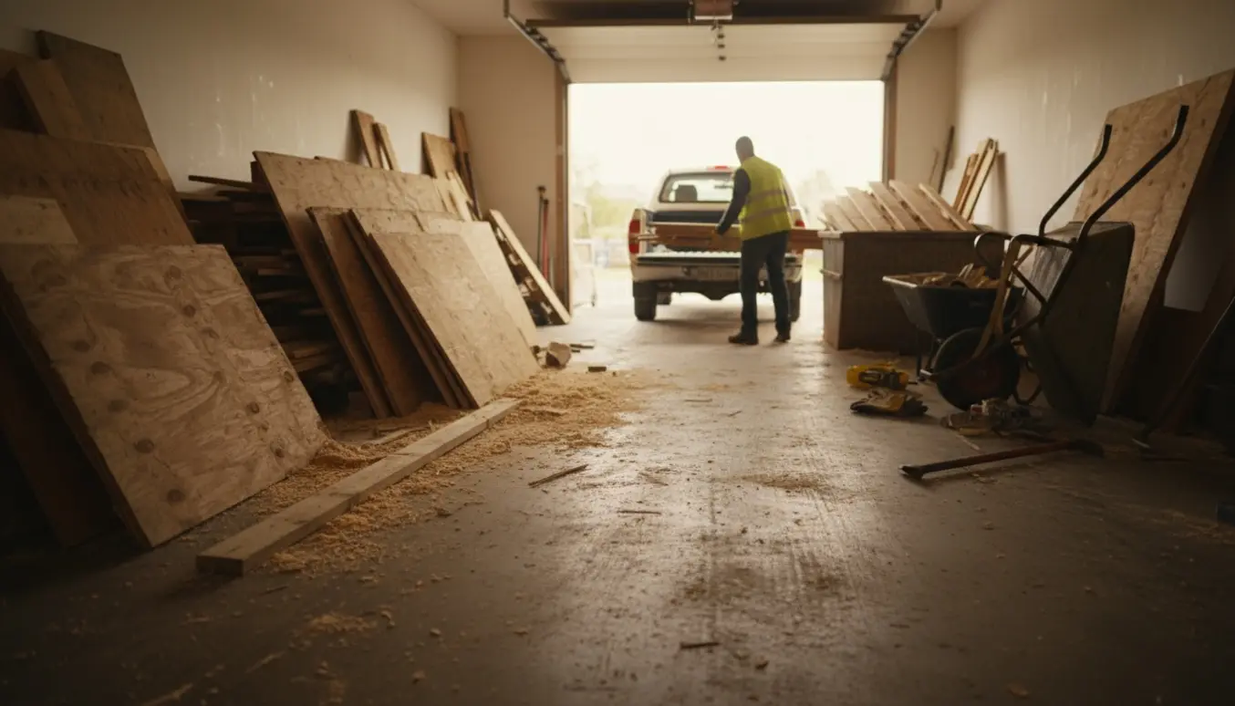 Åben garage fyldt med træaffald, hvor materialer bliver læsset ud gennem garageporten.