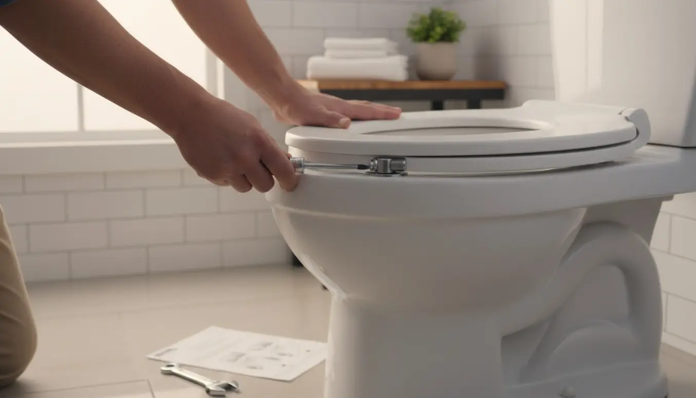 Hænder monterer et nyt toiletbræt med beslag på en hvid toiletskål i et lyst, ryddeligt badeværelse.