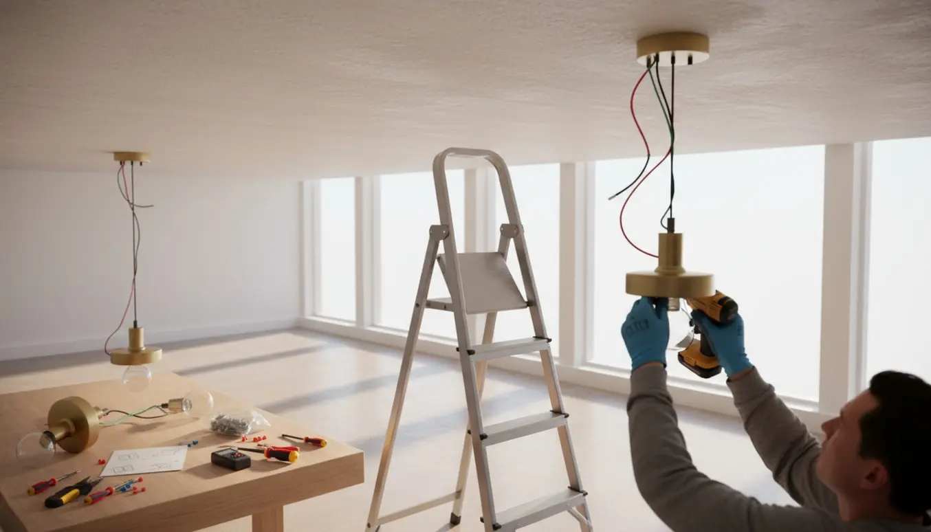 Elektriker monterer to loftlamper med stige og værktøj i et lyst, moderne rum.