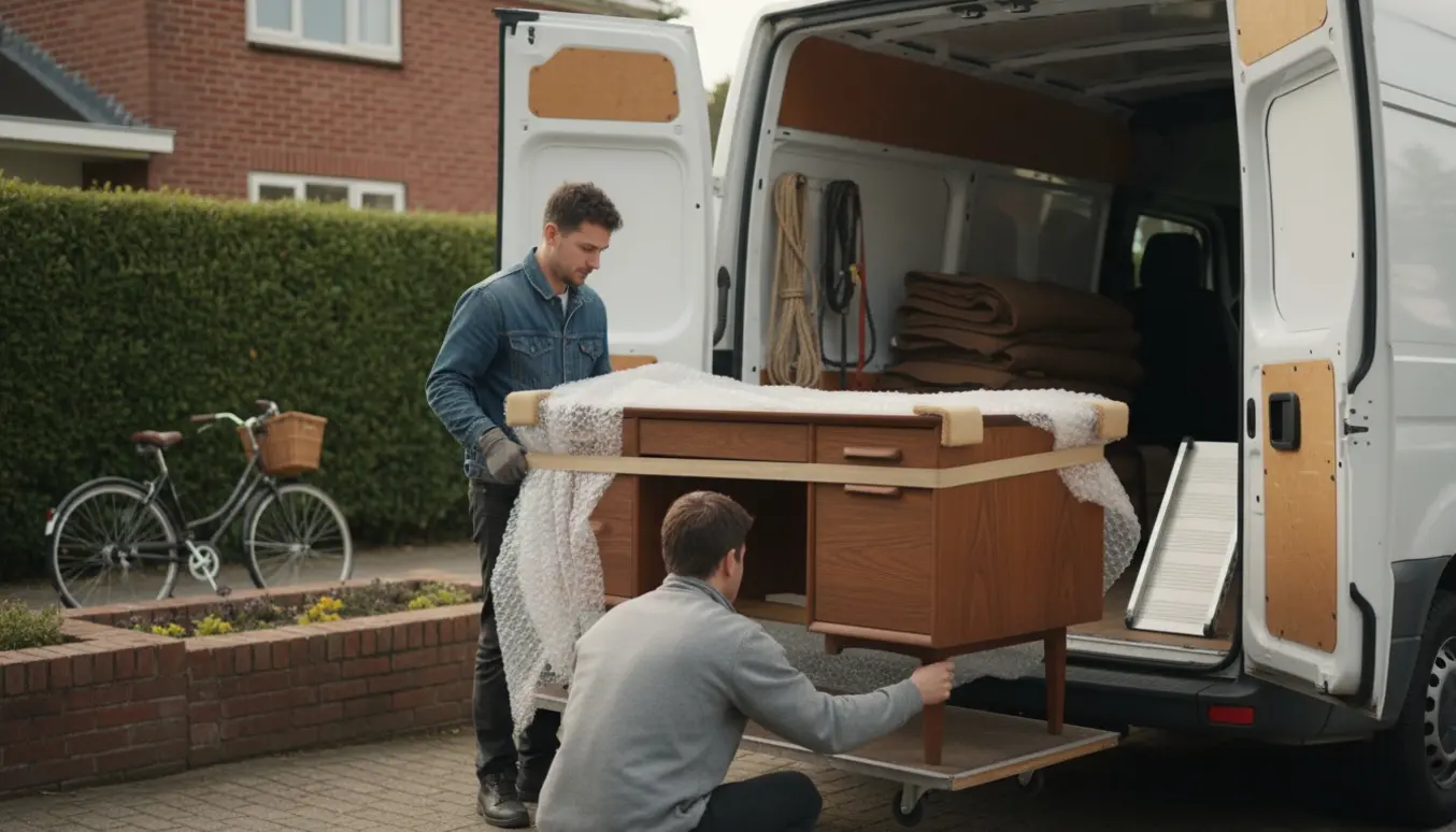 Et træskrivebord pakkes og læsses i en hvid varebil på en stille villavej.