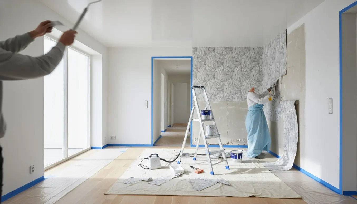 Stue og gang under renovering med loft og vægge, hvor tapet fjernes og vægge males.