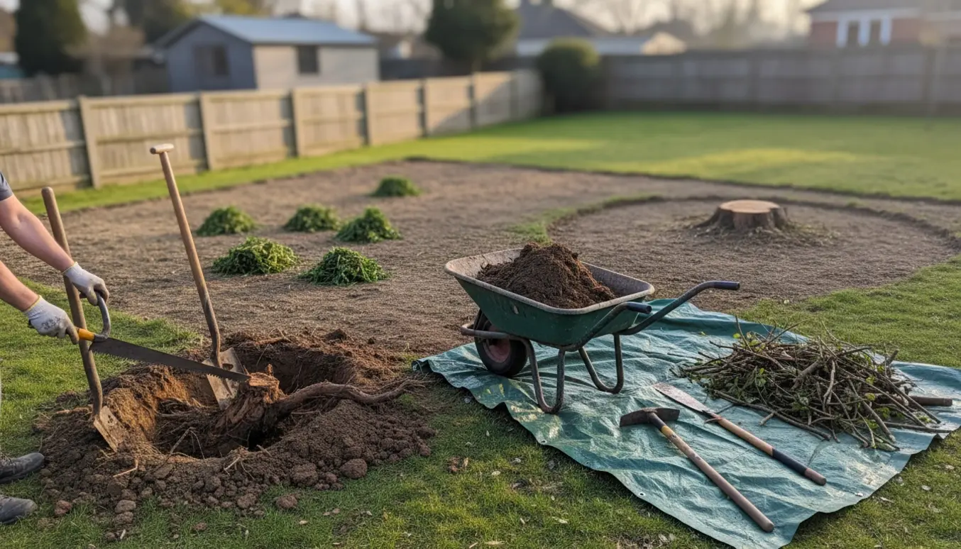 Trekantet havebed under oprydning med synlig stor trærod, skovl og trillebør.