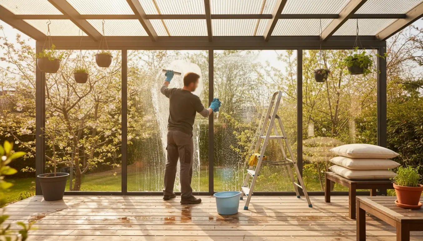Overdækket terrasse i forårssol med et pudset ovenlysvindue og rengøringsudstyr.