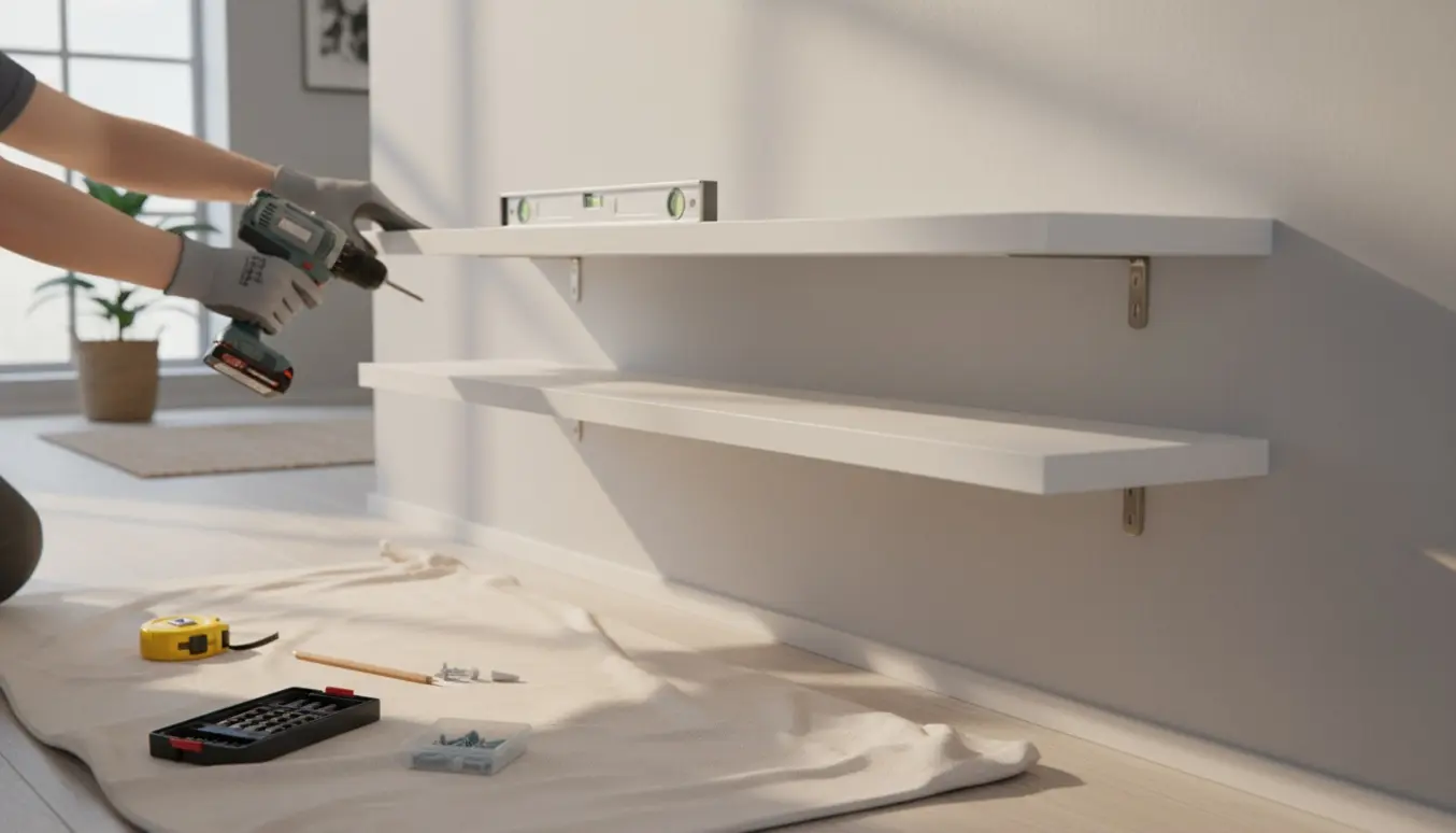 To minimalistiske hvide flydende hylder monteres på en grå væg, med værktøj og hænder i arbejde.