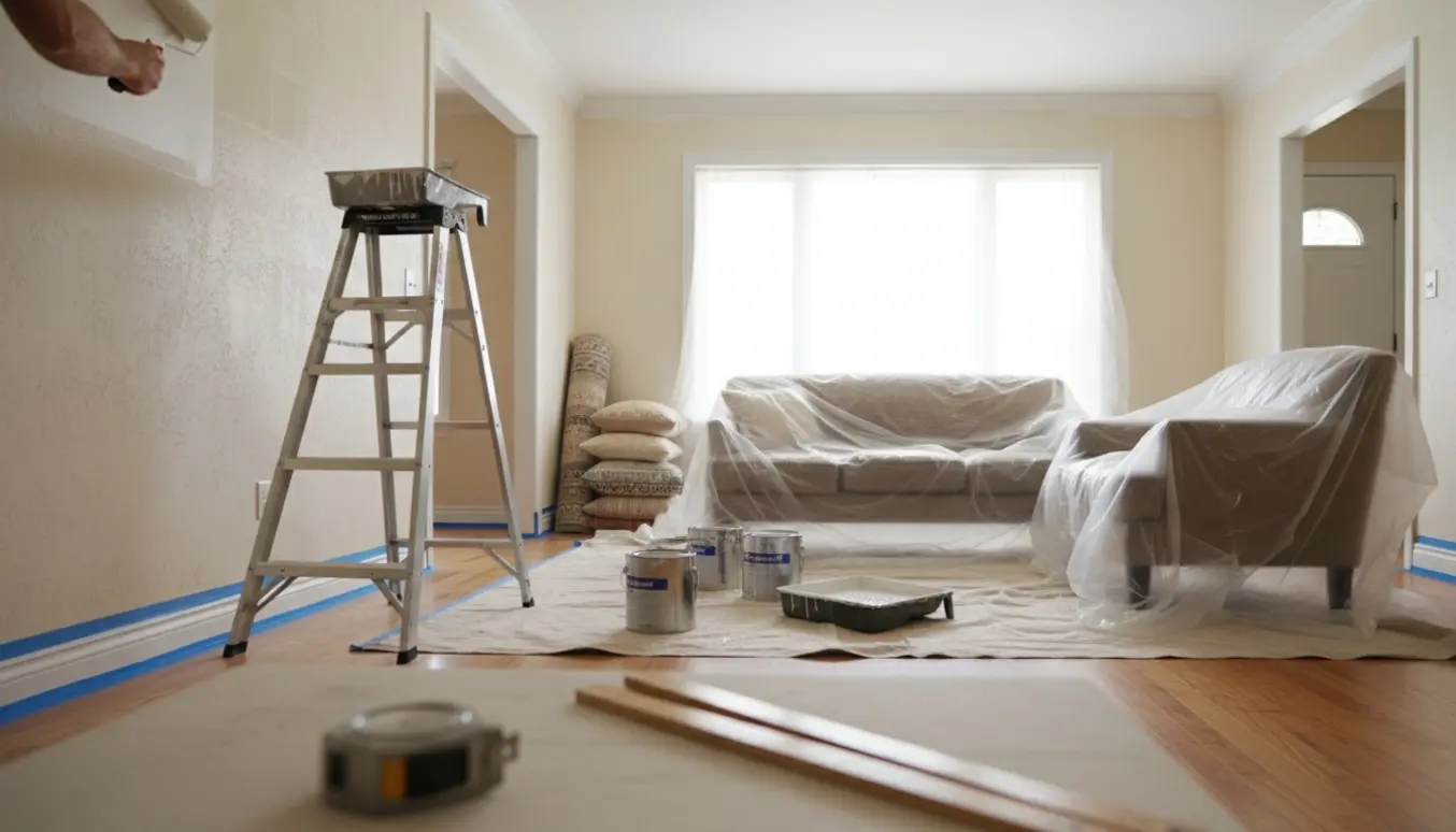 Malerarbejde i stue og entré med maleruller, malerbøtter og møbler dækket af plastik.