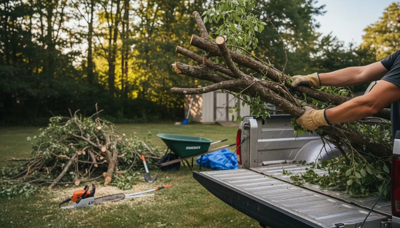 Nærbillede af arbejdshænder, der læsser afskårne grene i ladet på en pickup i en solrig have.