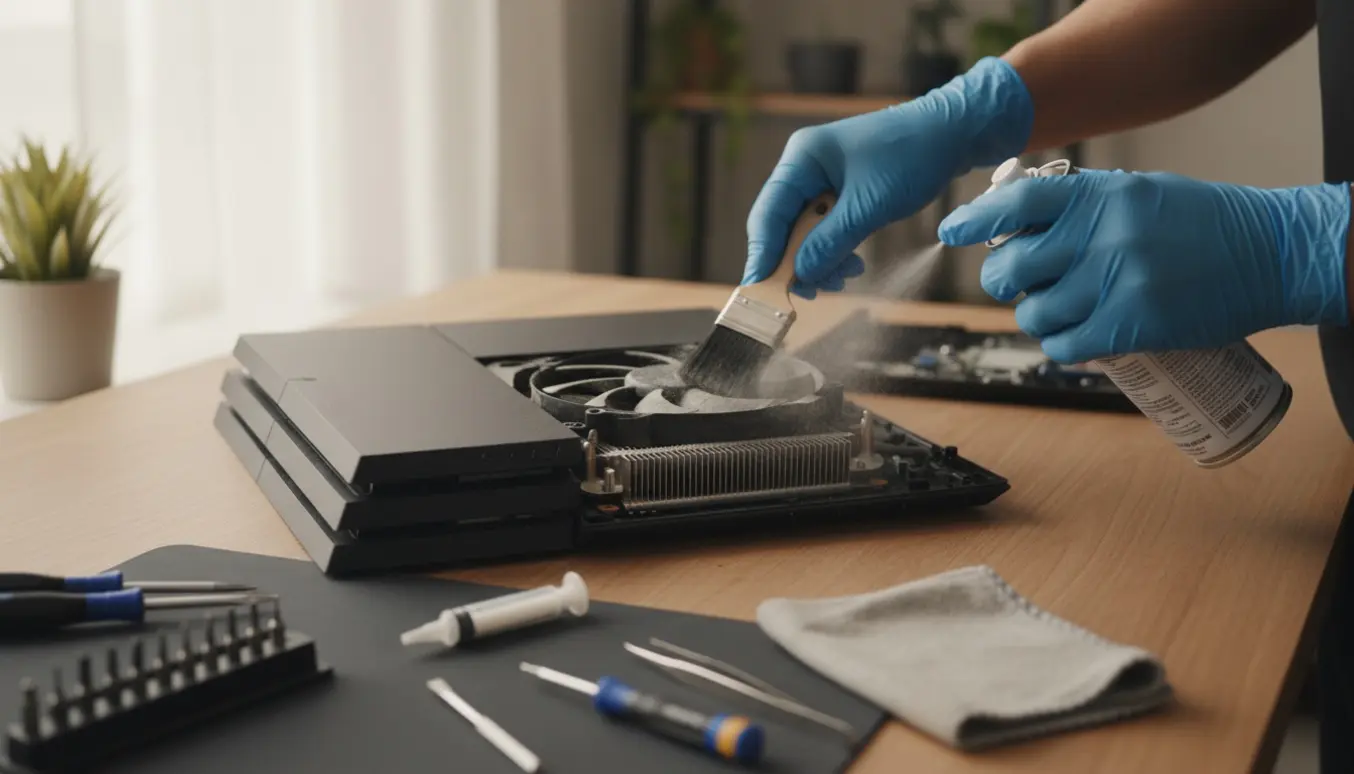 Åben PS4 Pro på et arbejdsbord, hvor indersiden rengøres med børste og trykluft.