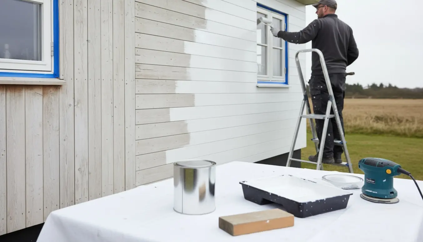 Ekspertmaler maler en hvid træfacade på et hus på Falster med rulle, afdækning og værktøj i forgrunden.