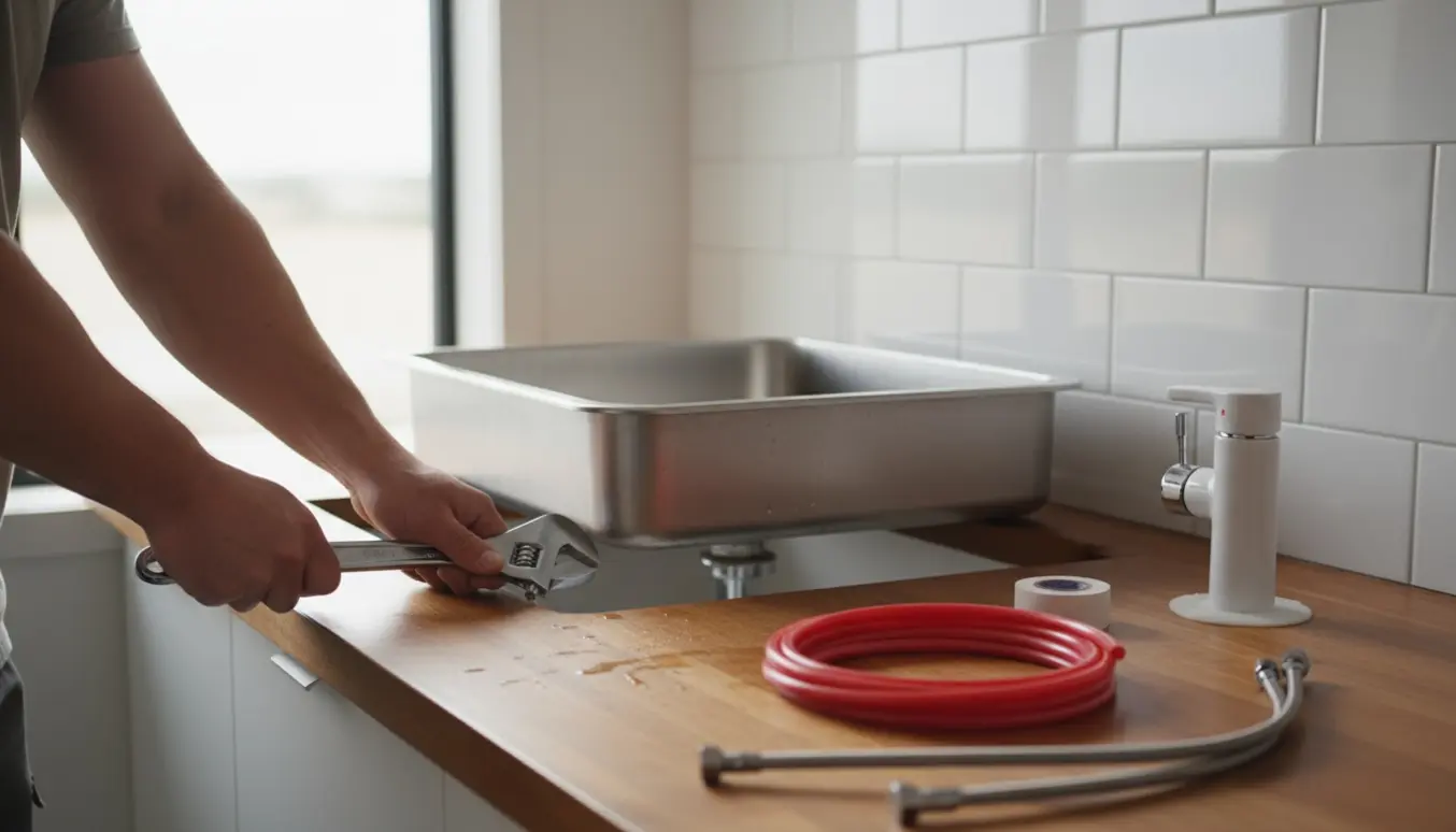 Hænder monterer en vaskebord i et lyst bryggers, tilslutter afløb og vandforsyning med værktøj på bordet.