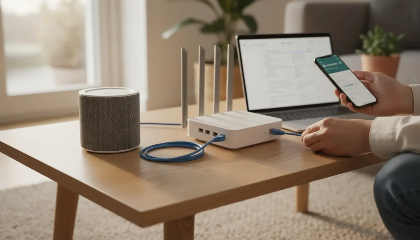 Hænder opsætter en internetradio ved at tilslutte kabler til en router på et lyst sofabord i en hyggelig stue.