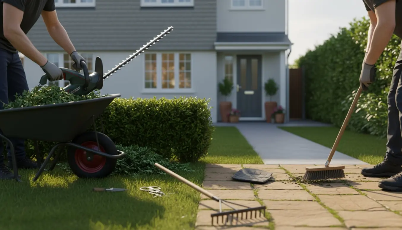 Have klar til indflytning med nyklippet hæk, fjernet ukrudt på terrasse og ryddet forhave.