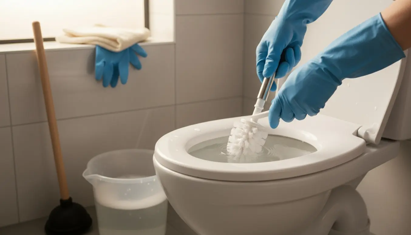 Nærbillede af et toilet med en fastklemt toiletbørste, to hænder i gummihandsker forsøger at trække den op.