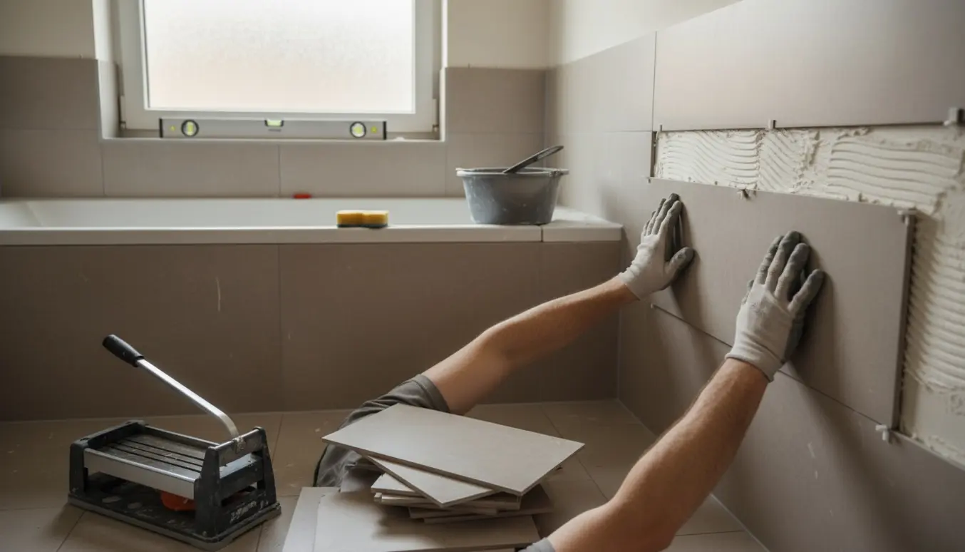 Nærbillede af fliser, der lægges omkring et badekar i et moderne badeværelse under renovering.