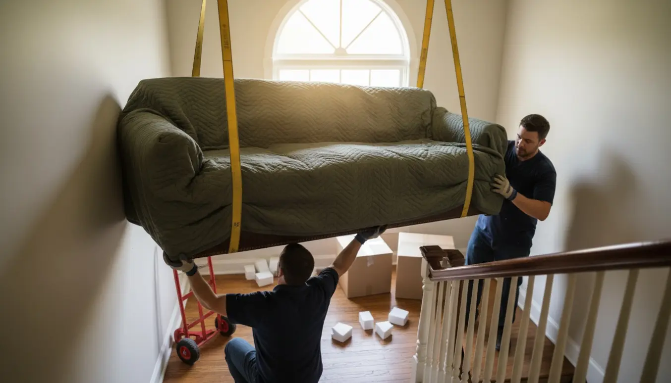 Sofa bæres op ad en smal trappe mellem anden og tredje sal af flyttefolk.