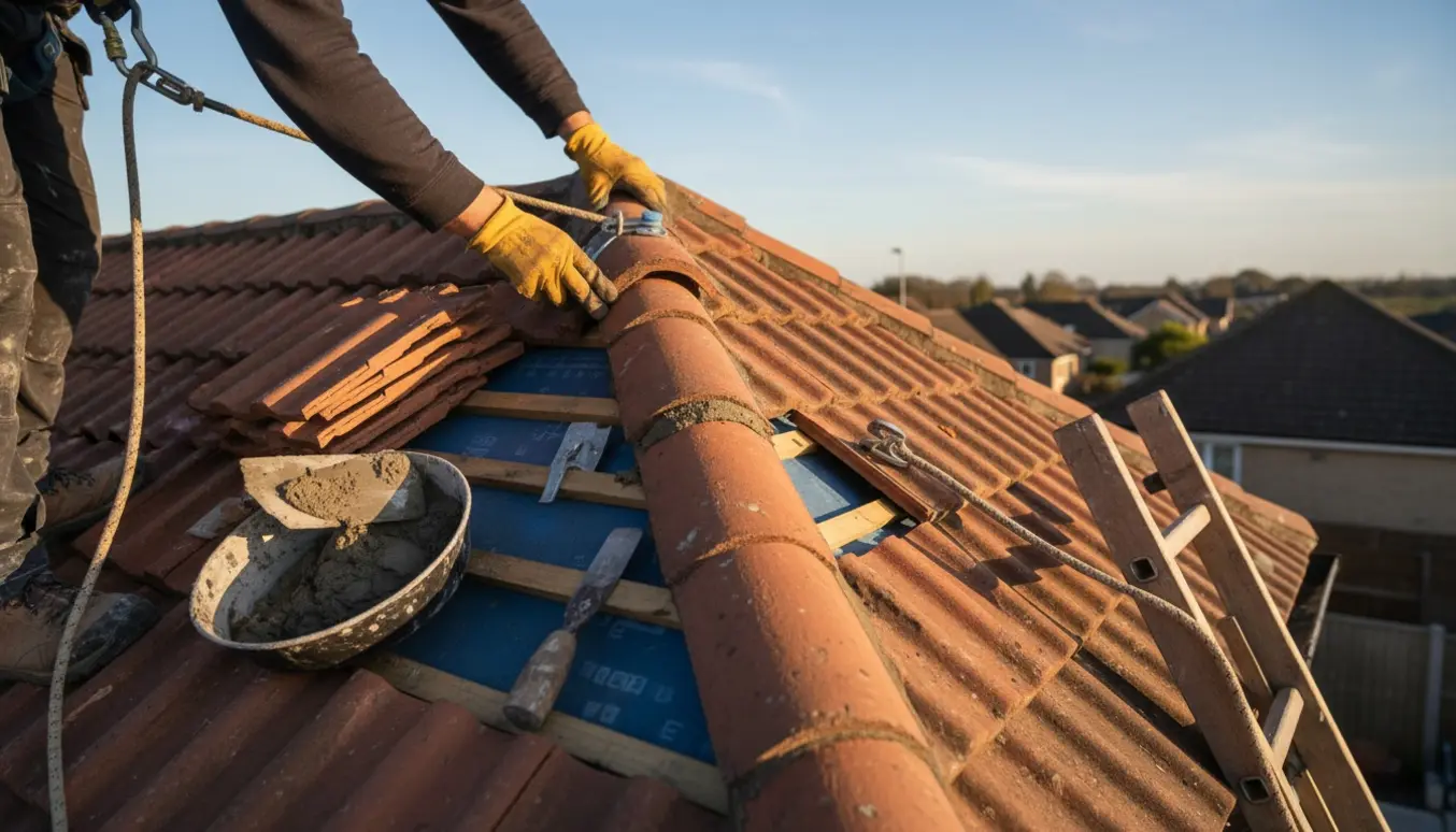 Udsnit af arbejde med at udskifte rygningsplader og nogle tagplader på et skråt tegltag med mørtel og værktøj.