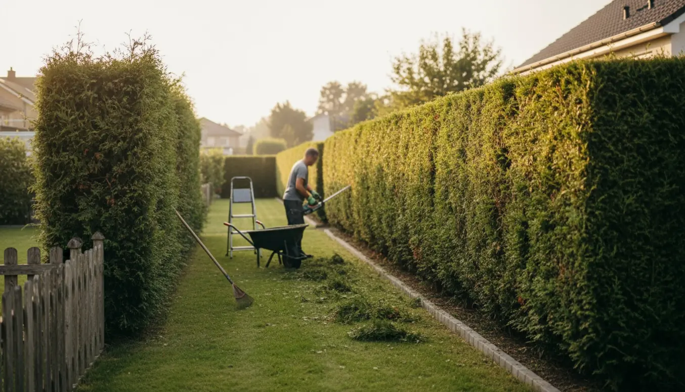 En havemand trimmer en lang thuja-hæk, med nyslåede afklip og redskaber i haven.