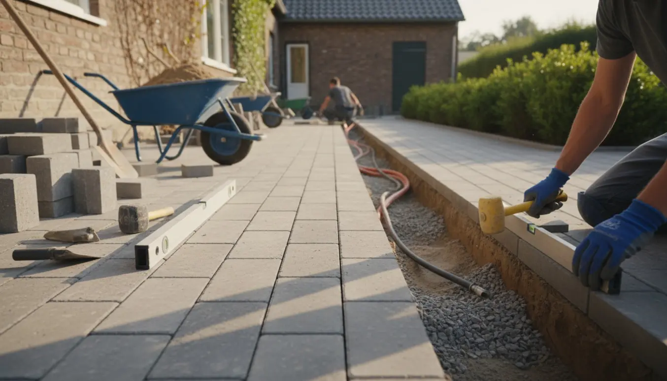 Delvist genlagt belægning i en gård med stakke af sten, sand og værktøj.
