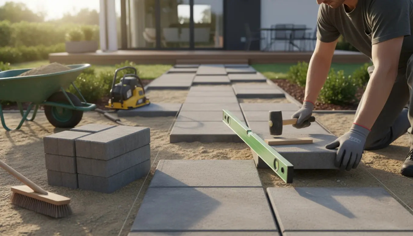 Hænder lægger 50x50 cm fliser på et udjævnet sandlag ved en delvist færdig terrasse i en baghave.