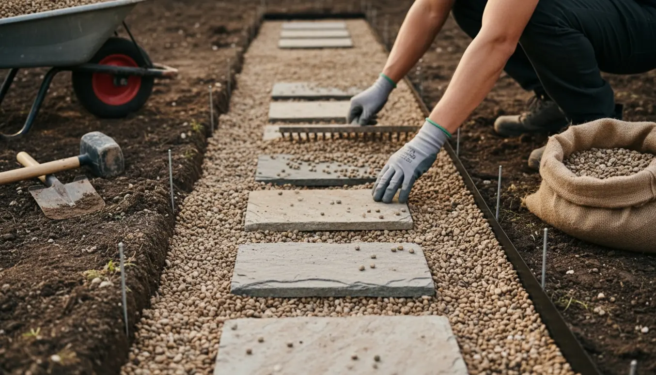 Havebed ca. syv gange én meter med fjernet jord, lagt småsten, installeret kantbånd og en lige række trædesten.