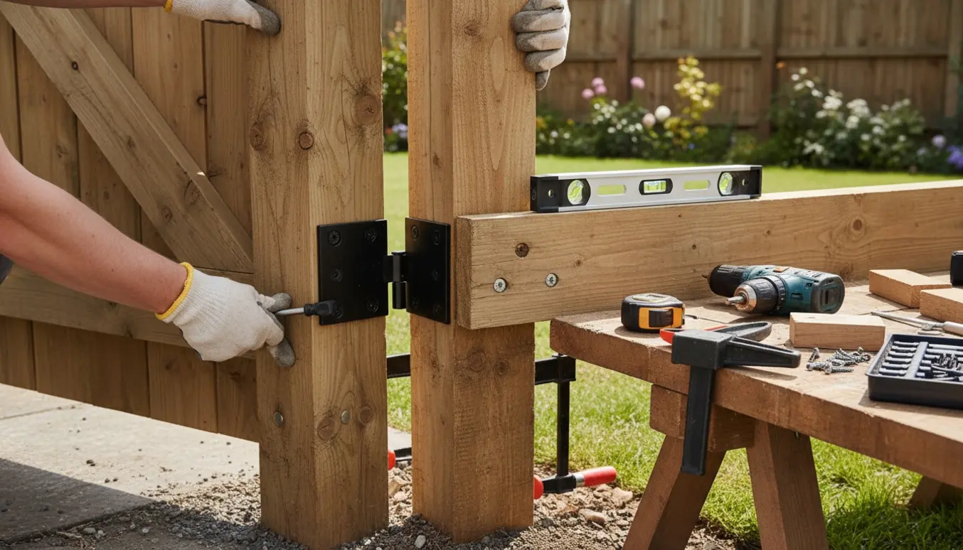 Havelåge monteres, hænder justerer hængsel mod nedgravede pæle med værktøj i baggrunden.