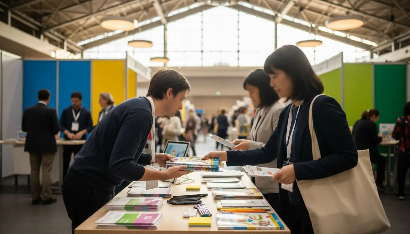 Messeperson giver brochure til en besøgende ved en stand i et lyst uddannelsesmessen-hall.
