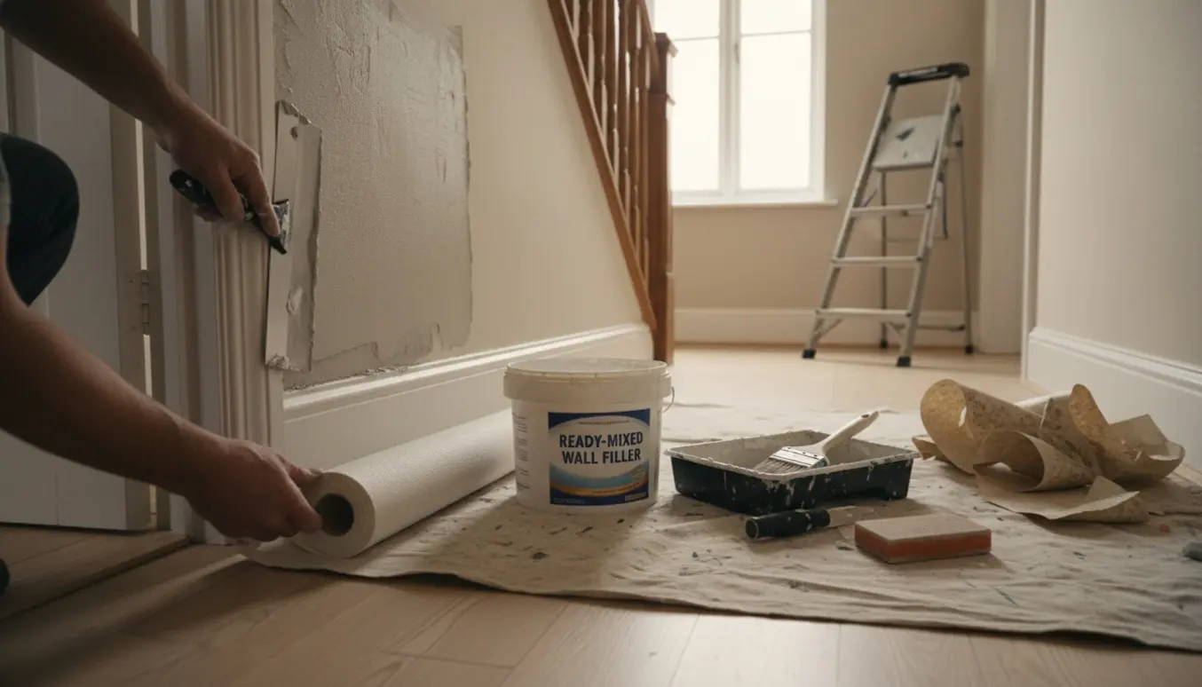 Håndværker spartler væg og opsætter filt i en lille gang og på trappeafsatning med værktøj og ruller synlige.