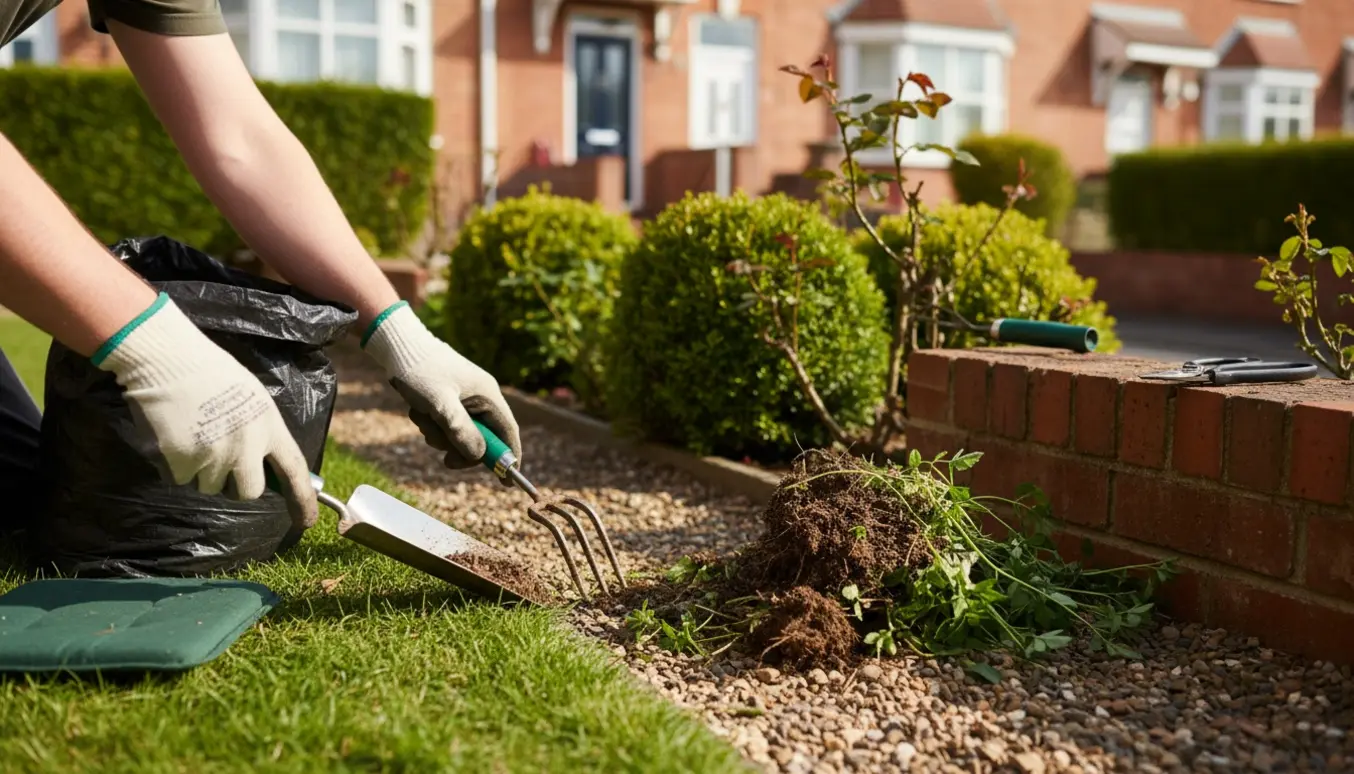 Nærbillede af handskerede hænder, der fjerner ukrudt i forhaven ved et rækkehus med handredskaber og en pose til haveaffald.