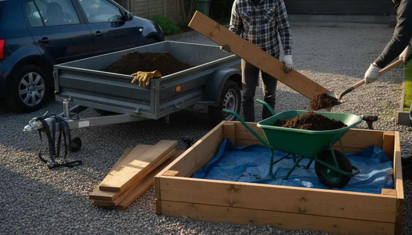 Personer læsser brædder og jord fra et højbed ind i en trailer i en baghave, ansigter ikke synlige.