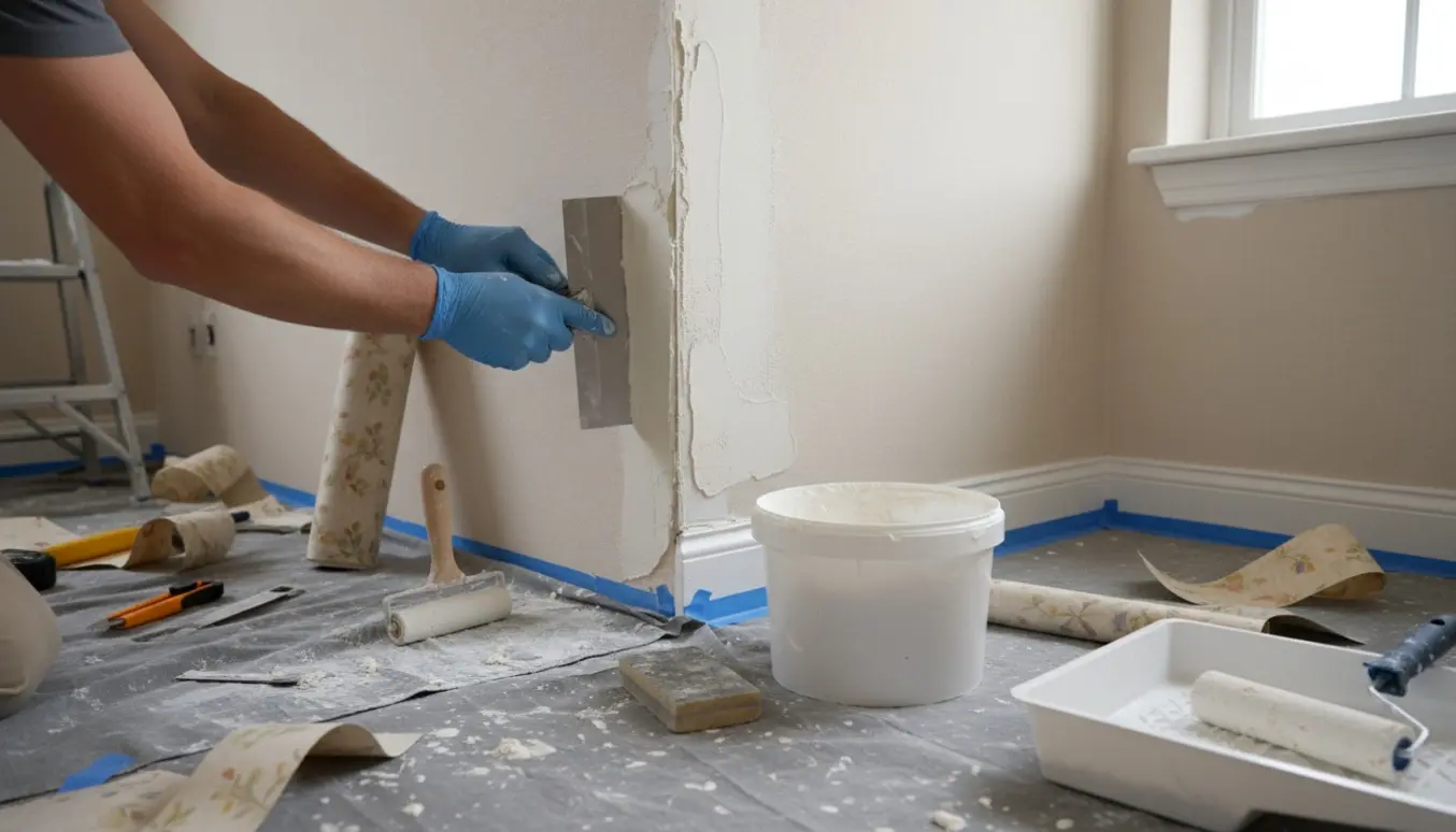 Væg under renovering med nyt filt, spartelmasse og nymalede paneler.