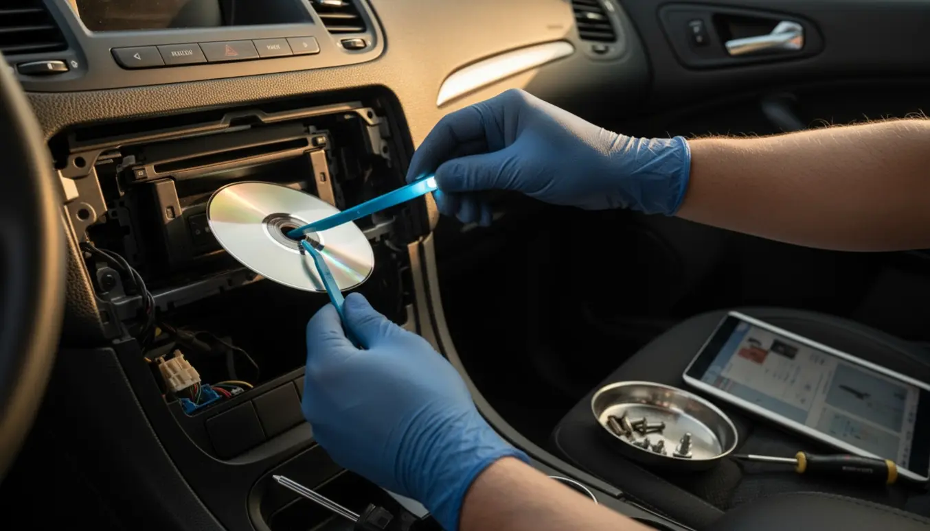 Tekniker inspicerer en fastkilet CD i bilradioen i en Ford SmaX, med værktøj og dele klar.