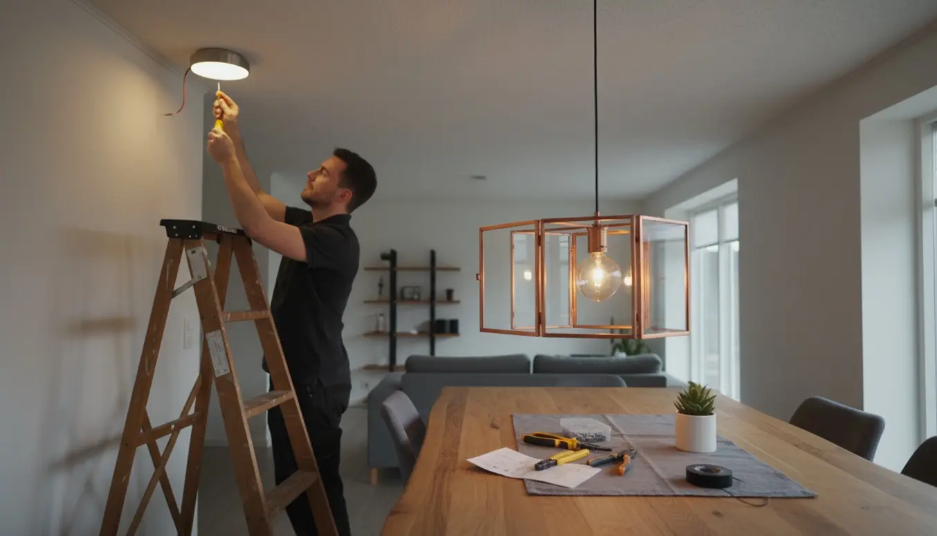 To lamper monteres i et hjem: en loftslampe i hjørnet og en pendel over spisebordet med værktøj og stige i nærheden.