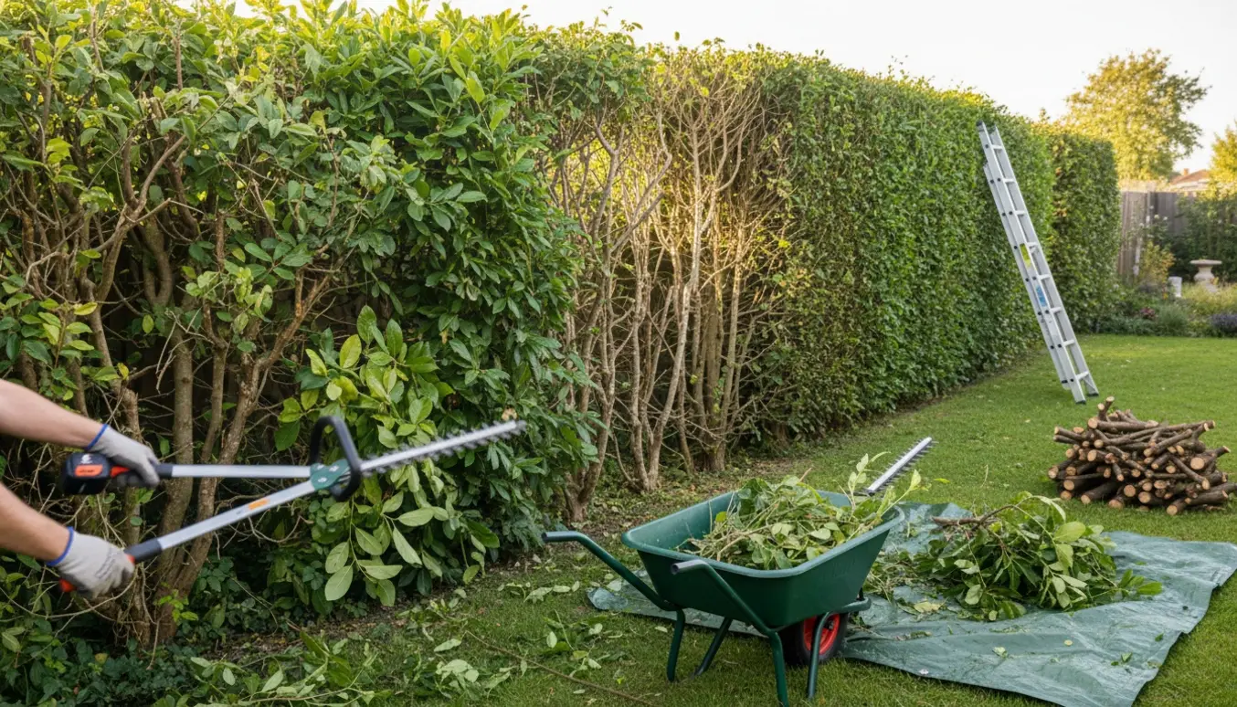 Beskæring af overgroet hæk i en have med hækkeklipper, handsker, trillebør og en tydelig før‑og‑efter kontrast.
