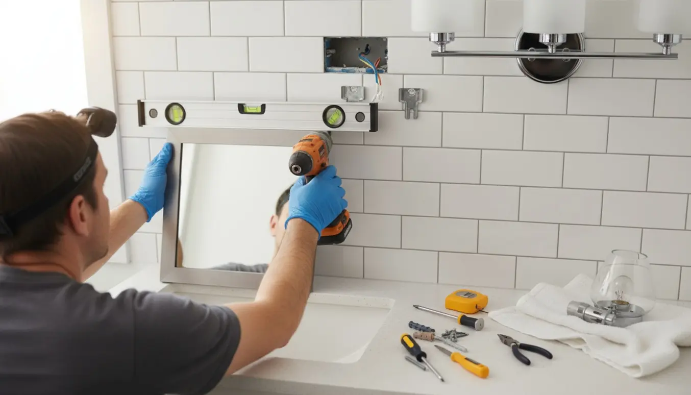 Hænder justerer et spejl over håndvasken mens en lampe udskiftes, med værktøj og pandelampe i et lyst badeværelse.