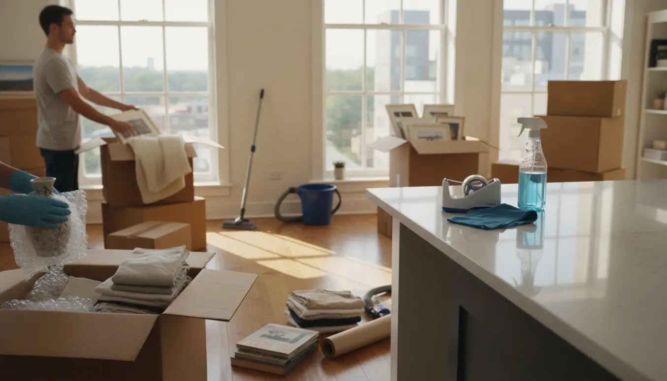Lys, moderne lejlighed under hovedrengøring og nedpakning med flyttekasser, rengøringsudstyr og hænder, der pakker ejendele.