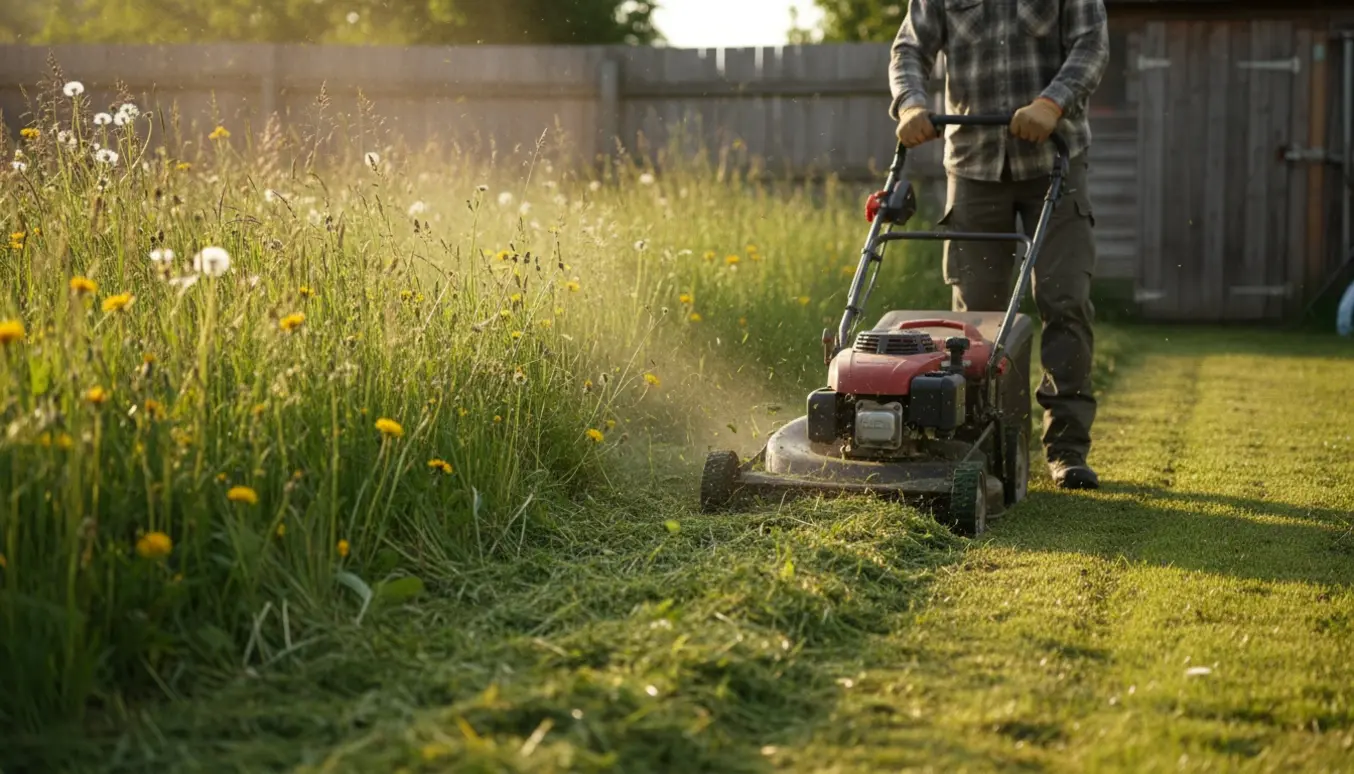 En person slår en længe overgroet græsplæne ned med en kraftig plæneklipper, vist i før- og efterkontrast.
