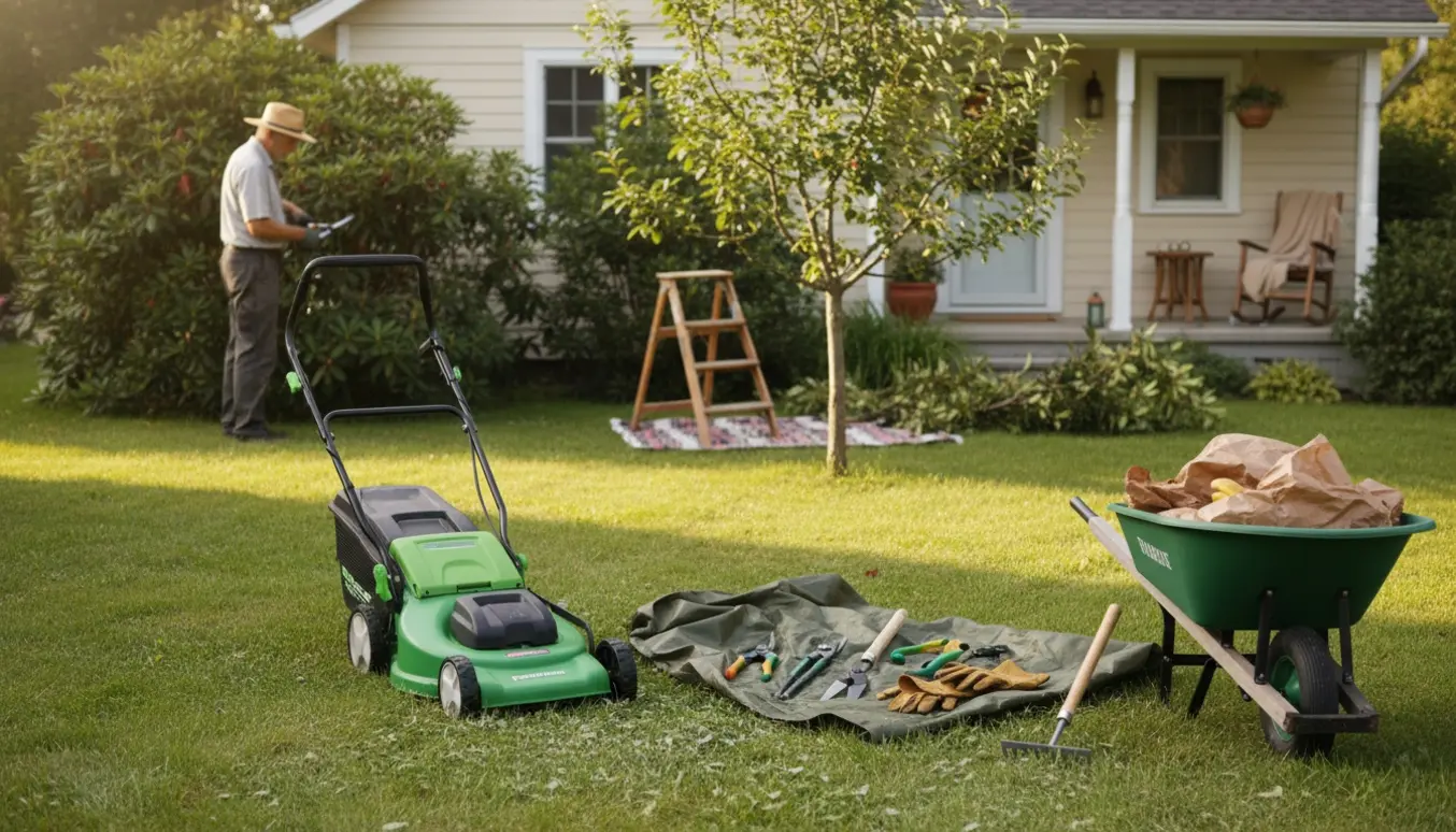 Have med beskårede buske og nyslået græs ved et ældre hus med haveværktøj og en gåstok ved døren.