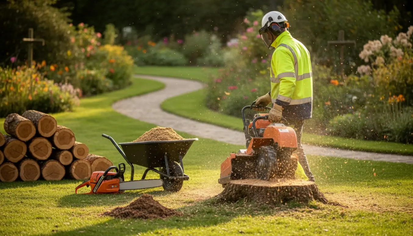 En maskine fræser en træstub i en have med opstablede stammer og træflis omkring.