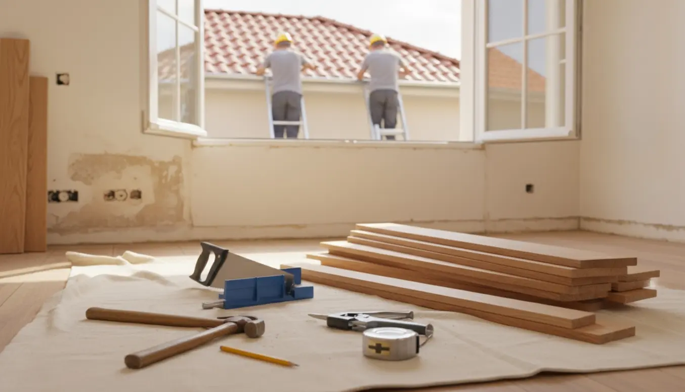 Et solbelyst rum med fjernede fodlister, nye lister klar ved væggen og håndværkere i baggrunden, der monterer nye tagrender.
