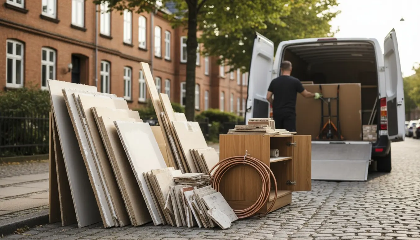 Brugte byggematerialer stablet ved fortovet på Østerbro, mens en varebil lastes af bagfra.