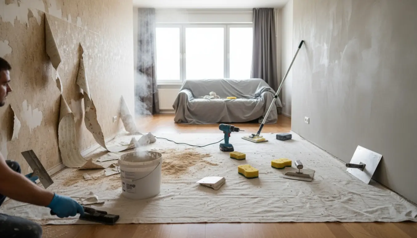 Værelse under renovering med savsmuldstapet delvist fjernet, værktøj og en nyspartlet, glat væg.