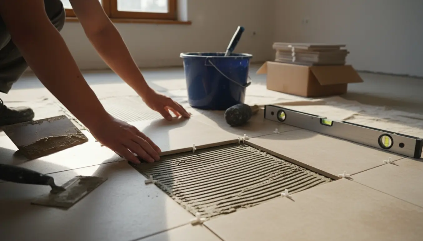 Nærbillede af gulvlægning med hænder, 30x30 cm fliser, flisekryds og værktøj i et lyst rum.