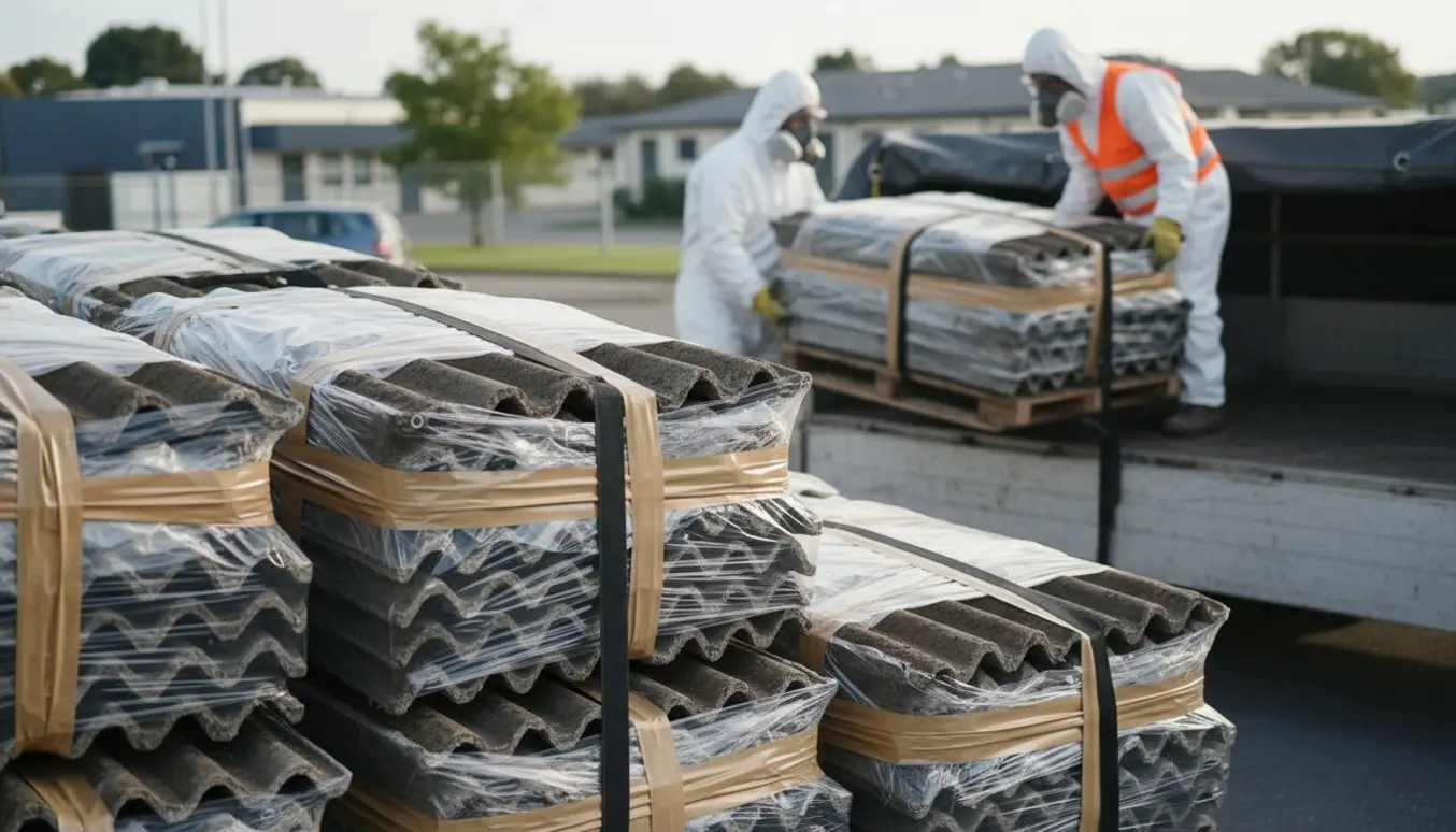 Arbejder i beskyttelsesudstyr læsser indpakkede asbesttagplader på en lastbil klar til bortskaffelse.