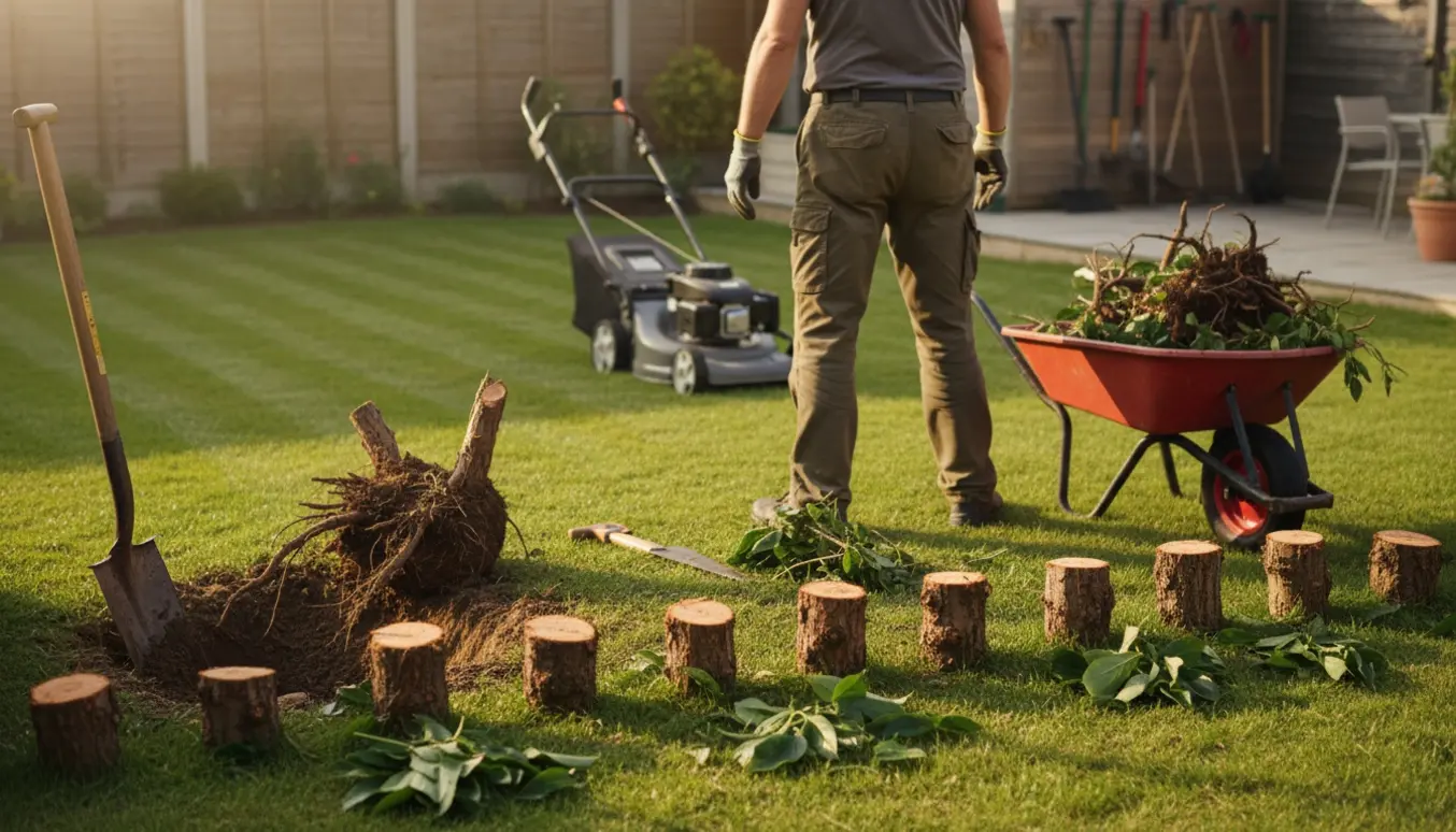 Friskklippet hæk, bunke af grene og opgravede trærødder ved en nyslået plæne i en forhave.