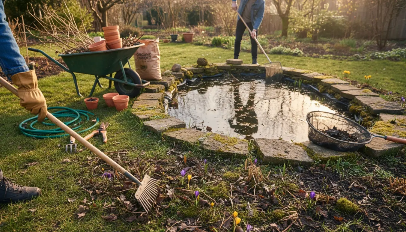 Forårsklargøring af have omkring en dam med handsker, rive, skimmer og trillebør fyldt med haveaffald.