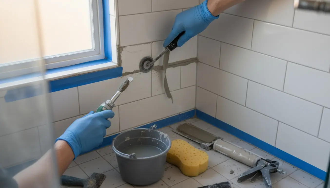 Hænder i handsker fjerner og udskifter fuger i en bruseniche med værktøj og materialer.
